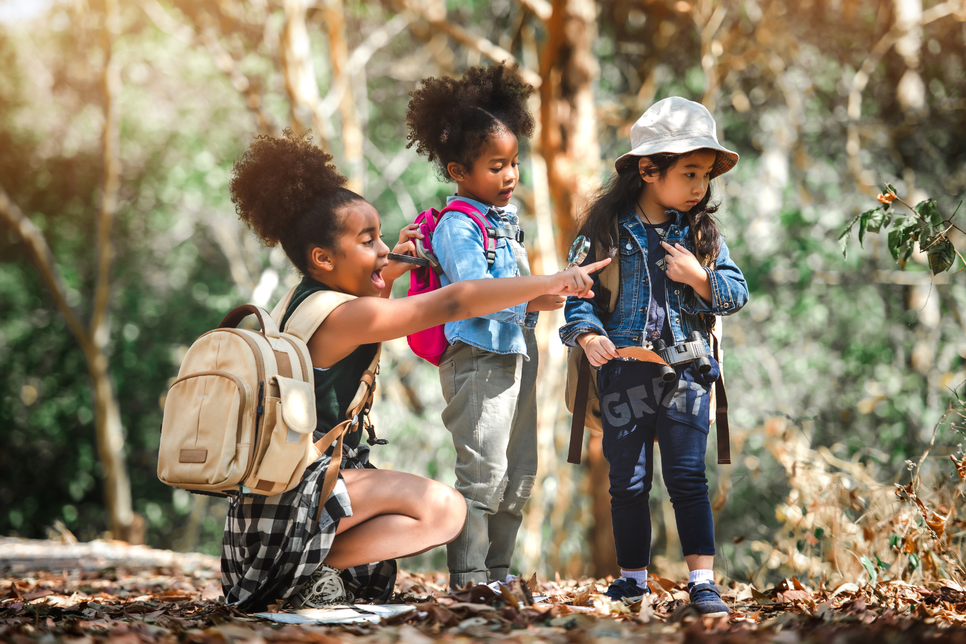 children playing in the woods